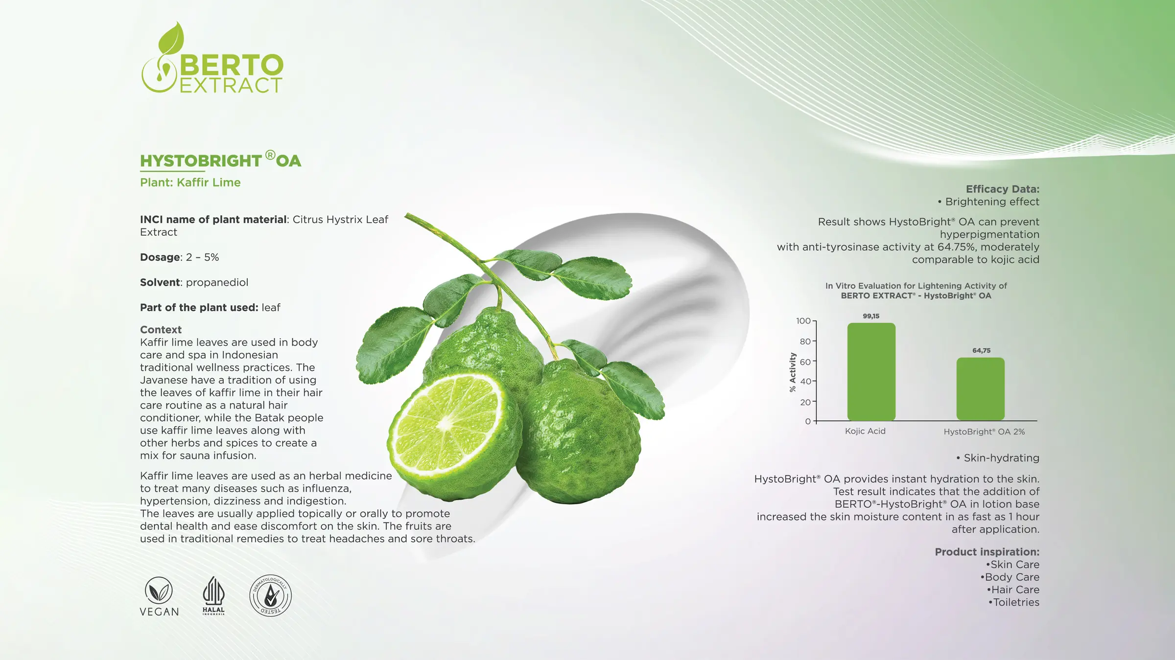 HystoBright OA — Berto Extract: kaffir lime (Citrus Hystrix Leaf Extract), dosage 2–5%, brightening and skin-hydrating efficacy data